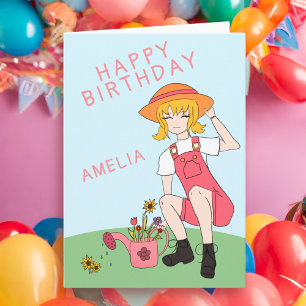 Cute Gardening Girl Flowers Blonde Hair Birthday Card