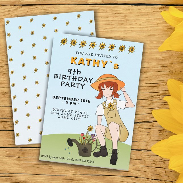 Cute Gardening Girl Flowers Brown Hair Birthday Invitation (Creator Uploaded)