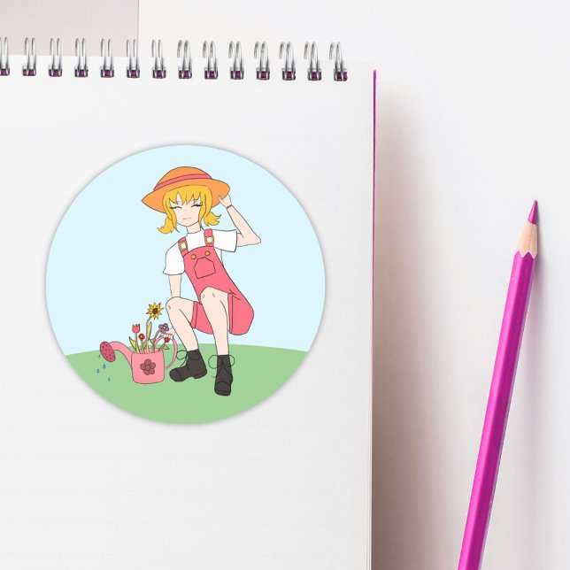 Cute Gardening Girl with Flowers Blonde Hair  Classic Round Sticker (Creator Uploaded)
