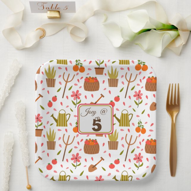 Cute Gardening Tools and Plants Seamless Pattern Paper Plate (Wedding)