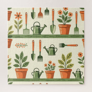 Cute Gardening Tools Floral Pattern Cozy Jigsaw Puzzle
