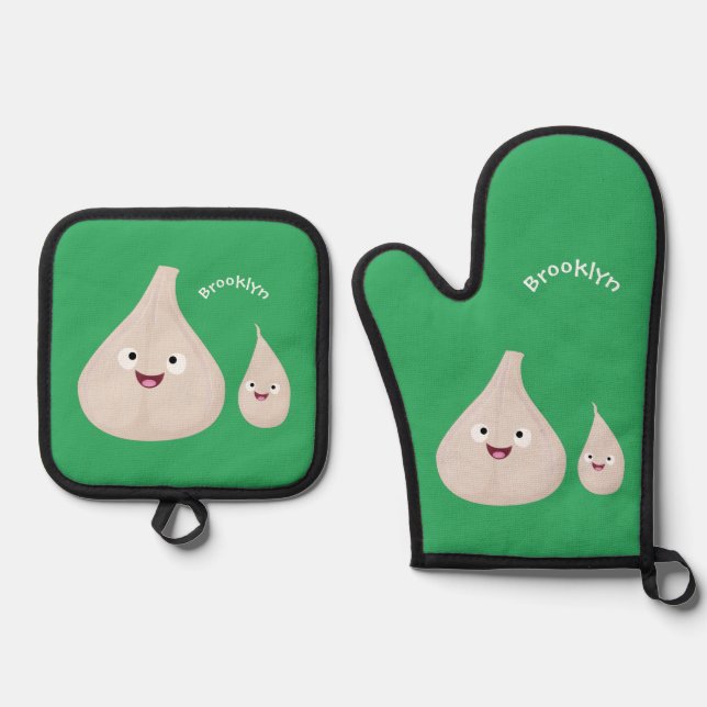 Cute garlic cartoon vegetable illustration oven mitt & pot holder set (Front)