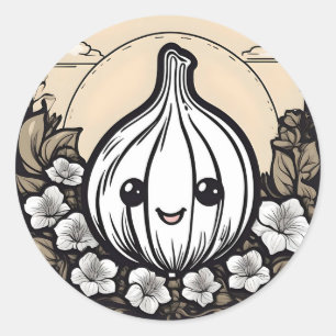 Cute Garlic With Flowers Classic Round Sticker