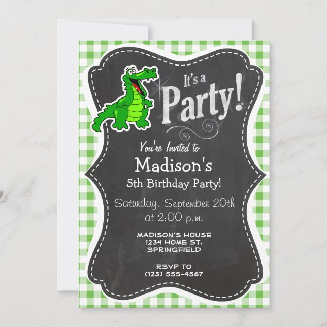 Cute Gator; Green Gingham Invitation (Front)