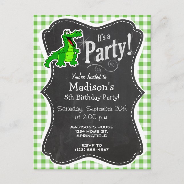 Cute Gator; Green Gingham Invitation Postcard (Front)