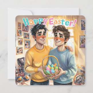Cute Gay Couple Holding Easter Basket Holiday Card