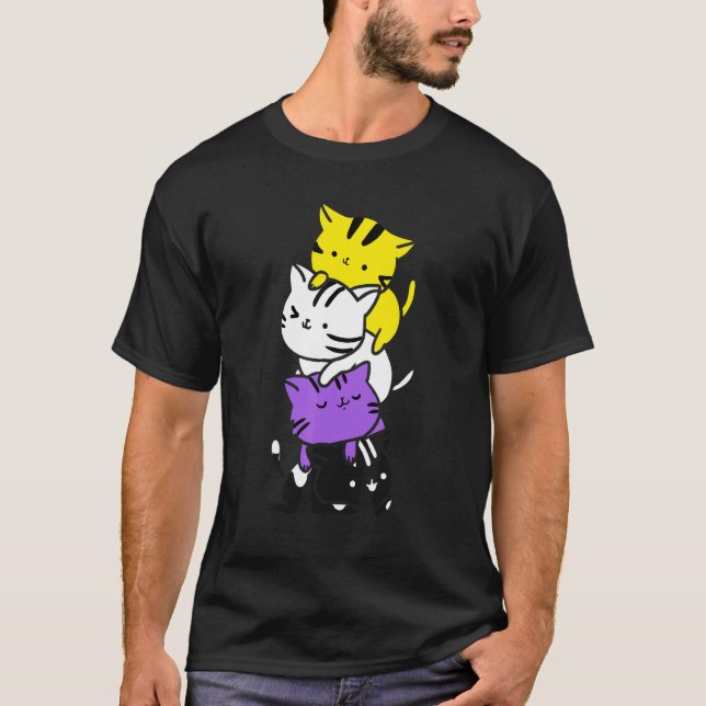 Cute Gay Pride Nonbinary Cat Pile Lgbt Flag Suppor T-Shirt (Front)