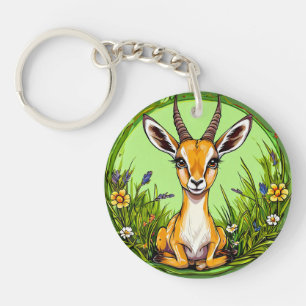 Cute Gazelle in a Floral Grassland Scene Key Ring