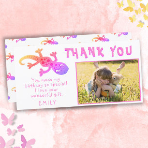 Cute Gecko Lizard Pink Girly Birthday Photo Thank You Card