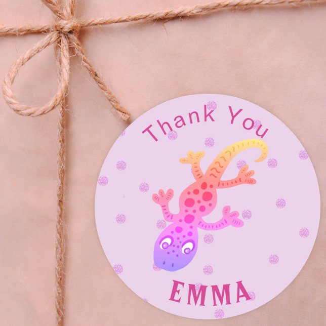 Cute Gecko Lizard Thank You Name Classic Round Sticker (Creator Uploaded)