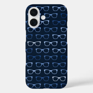 Cute Geeky Navy Blue Hipster Eye Glasses Pattern iPhone 16 Case