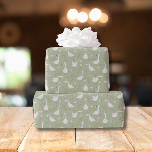 Cute Geese and Footprint Pattern on Sage Green Wrapping Paper