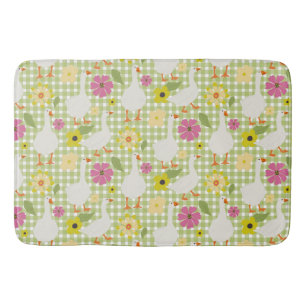 Cute Geese With Hand Drawn Flowers - Green Check  Bath Mat