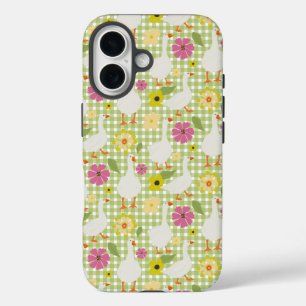 Cute Geese With Hand Drawn Flowers - Green Check iPhone 16 Case