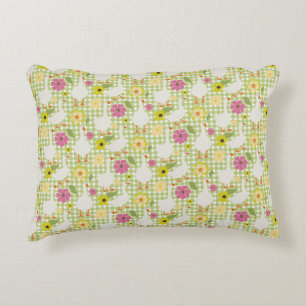 Cute Geese With Hand Drawn Flowers - Green Check Decorative Cushion