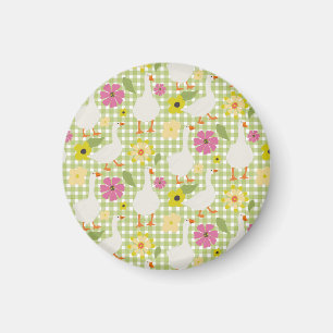 Cute Geese With Hand Drawn Flowers - Green Check Magnet