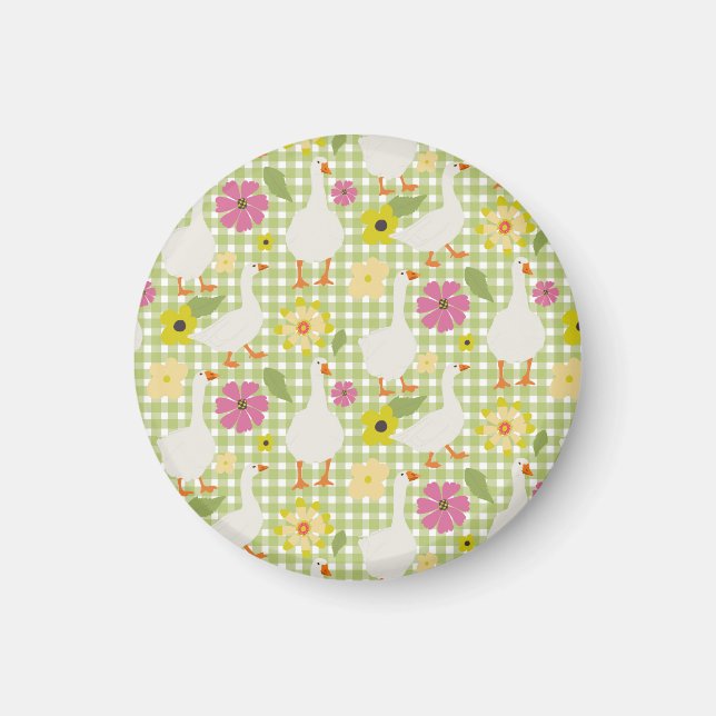 Cute Geese With Hand Drawn Flowers - Green Check  Magnet (Front)