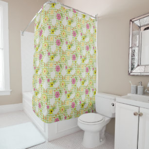 Cute Geese With Hand Drawn Flowers - Green Check Shower Curtain