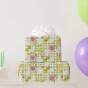 Cute Geese With Hand Drawn Flowers - Green Check  Wrapping Paper