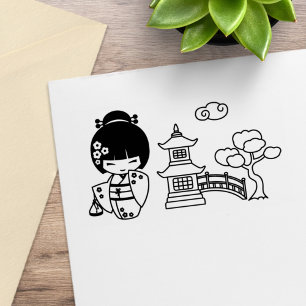 Cute Geisha Girl in Kimono Scrapbook Rubber Stamp