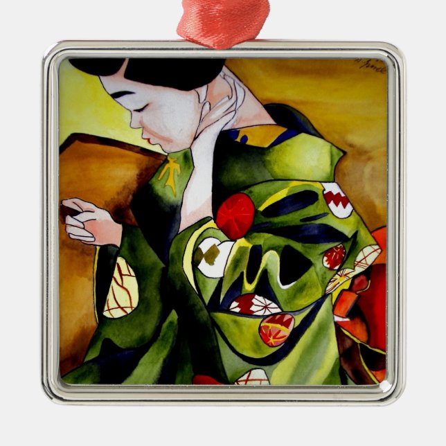 Cute Geisha with green kimono original art Metal Tree Decoration (Front)