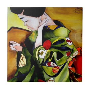 Cute Geisha with green kimono original art Tile