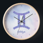 Cute Gemini Astrology Sign Customisable Clock<br><div class="desc">This pretty purple and lavender Gemini clock features your astrological sign from the Zodiac in a beautiful sparkle like the constellations. Customise this cute gift with your name in cursive script for someone with a birthday in late May or early June.</div>