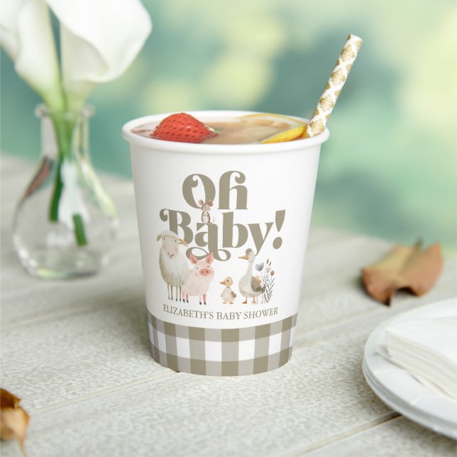 Cute Gender Neutral Baby Farm Animals Baby Shower Paper Cups (Insitu)
