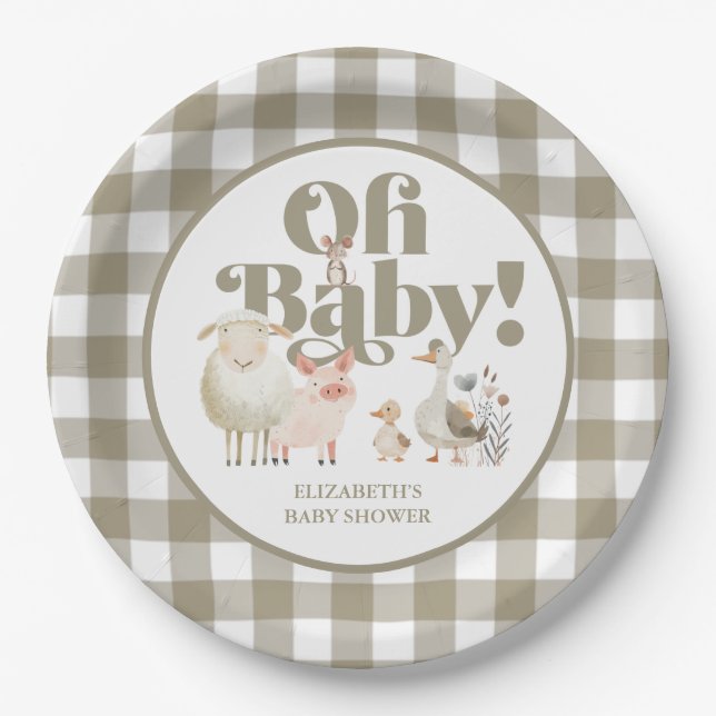 Cute Gender Neutral Baby Farm Animals Baby Shower Paper Plate (Front)