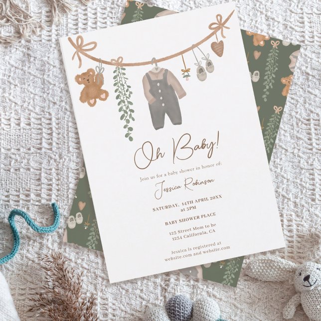 Cute gender neutral clothes line boho baby shower invitation (Creator Uploaded)