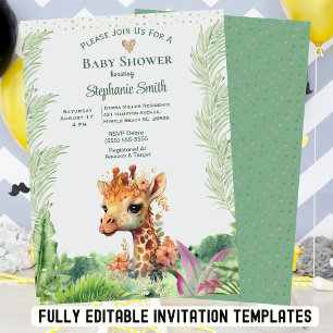 Cute Gender Neutral Greenery Giraffe Baby Shower   Invitation