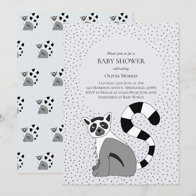 Cute Gender Neutral Jungle Lemur Name Baby Shower Invitation (Front/Back)