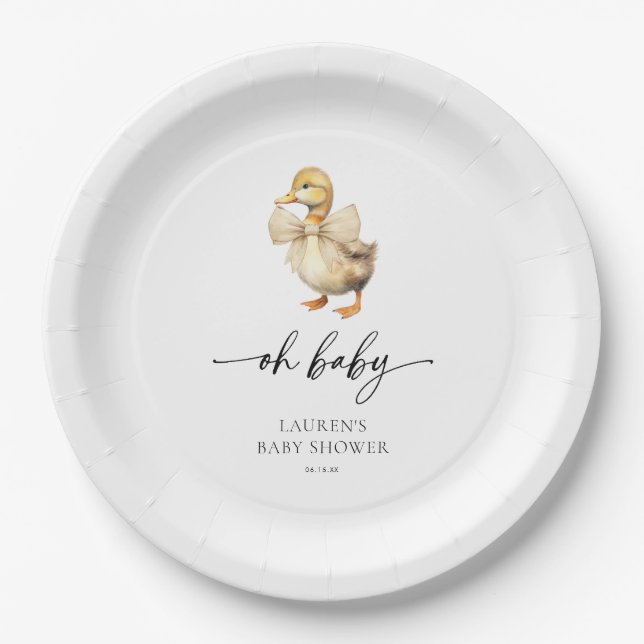 Cute Gender Neutral Oh Baby Duck Baby Shower Paper Plate (Front)