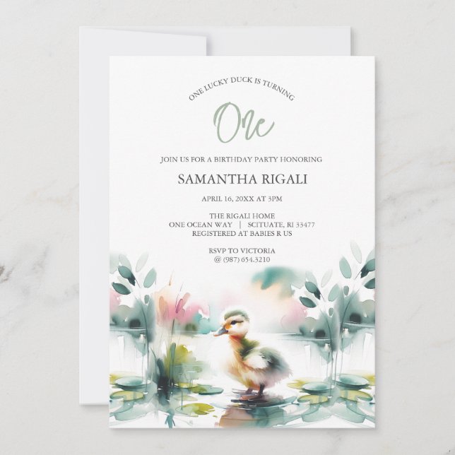 Cute Gender Neutral Watercolor Duck Birthday Party Invitation (Front)