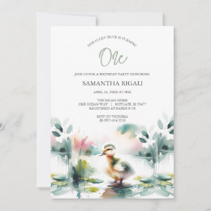 Cute Gender Neutral Watercolor Duck Birthday Party Invitation