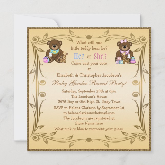 Cute Gender Reveal Teddy Bears Invitation (Front)