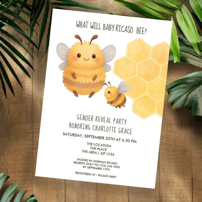 Cute Gender Reveal What Will Baby Bee Baby Shower Invitation (Cute Gender Reveal What Will Baby Bee Baby Shower Invitation by Ricaso. Fluffy Bumble Bee mom & baby)