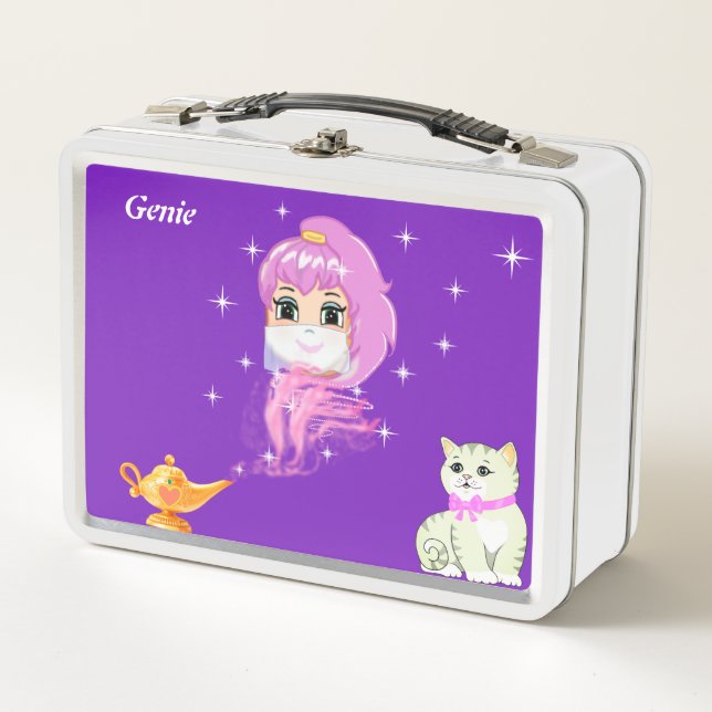 Cute genie, magic lamp, cat & stars on violet metal lunch box (Front)