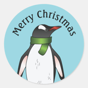 Cute Gentoo Penguin Wearing A Green Scarf On Blue Classic Round Sticker