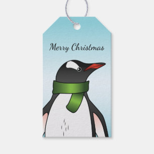 Cute Gentoo Penguin Wearing A Green Scarf On Blue Gift Tags