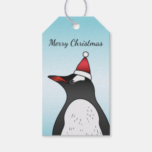 Cute Gentoo Penguin Wearing A Santa Hat On Blue Gift Tags