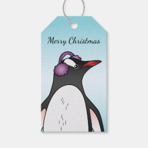 Cute Gentoo Penguin Wearing Ear Protection On Blue Gift Tags