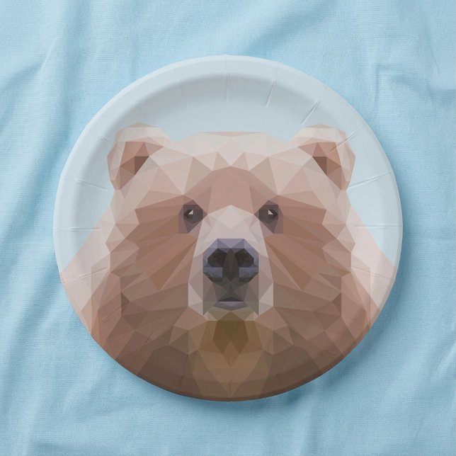 Cute geometric brown bear blue paper plate (Cute geometric brown bear blue paper plates.)
