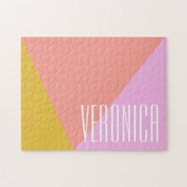 Cute Geometric Colour Block Coral Pink Personalise Jigsaw Puzzle (Horizontal)