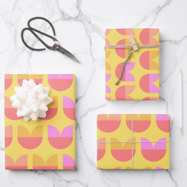 Cute Geometric Flower Pattern in Yellow and Pink Wrapping Paper Sheet (Front)