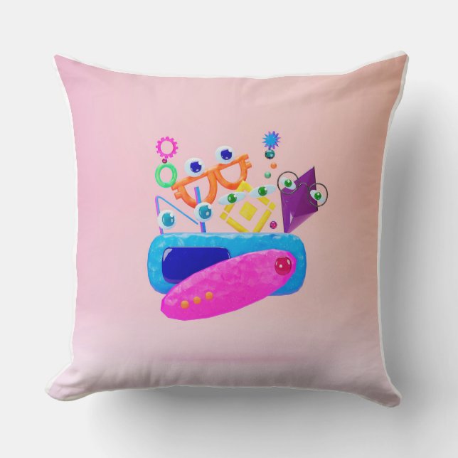 Cute Geometric Monster Shapes Pink Throw Pillow (Front)