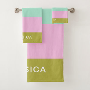 Cute Geometric Stripes Bright Pastels Personalised Bath Towel Set
