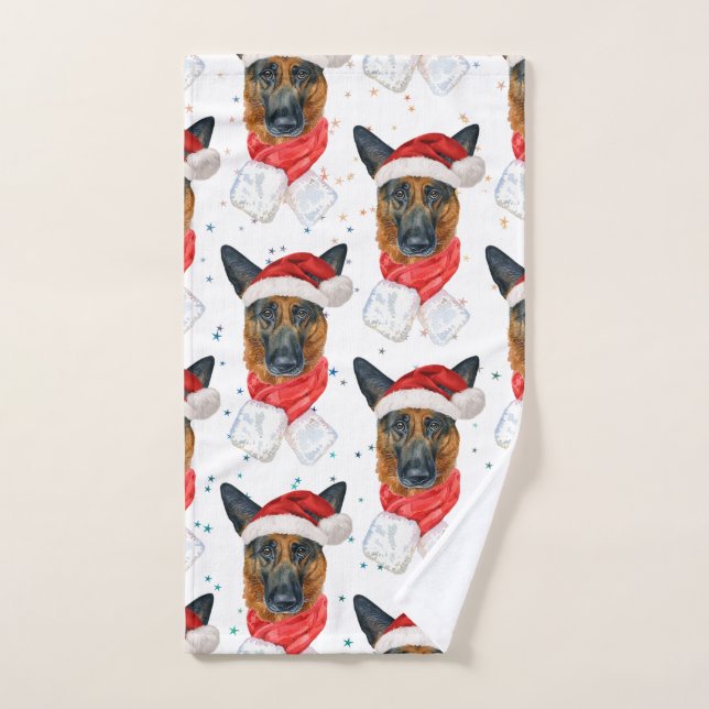 Cute German Shepherd Dog Christmas Pattern Hand Towel (Hand Towel)