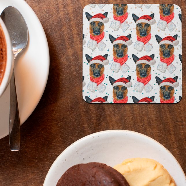 Cute German Shepherd Dog Christmas Pattern Square Paper Coaster (Creator Uploaded)