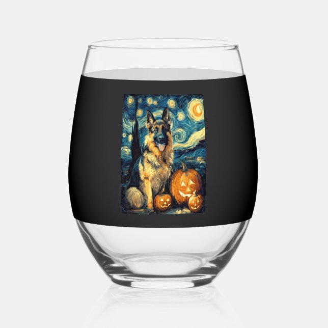 Cute German Shepherd Dog Halloween Jack O Lantern  Stemless Wine Glass (Front)